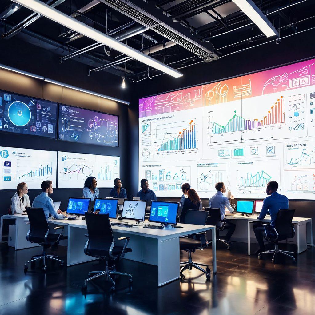 A dynamic office environment showcasing a diverse team collaborating on innovative business solutions, surrounded by digital screens displaying futuristic analytics and creative brainstorming sketches. Incorporate elements symbolizing success, such as a rising graph and lightbulb ideas glowing above the team. Use vibrant colors to highlight the energy of innovation and teamwork. super-realistic. vibrant colors. clean background.