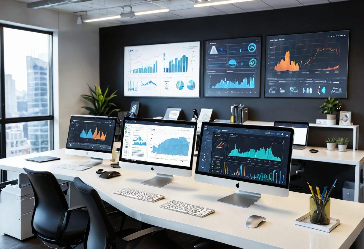 A sleek digital workspace showcasing the Tezem platform on multiple devices like a laptop, tablet, and smartphone. Visual elements like charts, graphs, and automated workflow icons surrounding the devices to signify efficiency and organization. A professional team collaborating in the background, with bright light and a modern office environment. Emphasize an interconnected, tech-savvy atmosphere with dynamic lines representing streamlined processes. super-realistic. vibrant colors. modern office setting.